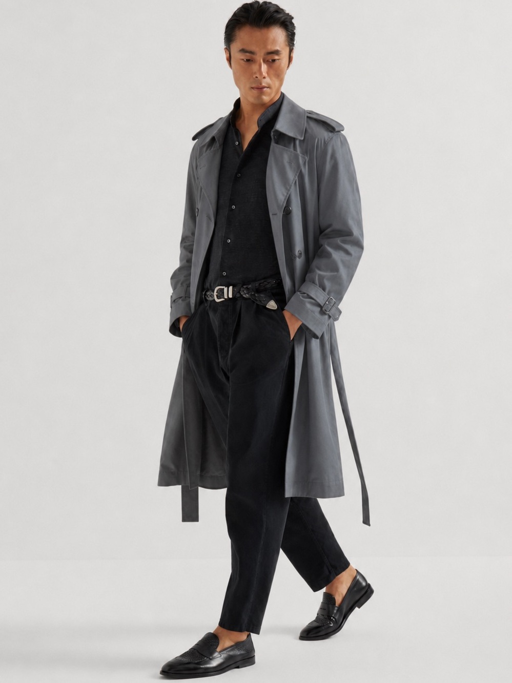 Vintage Aquascutum Aqua 5 Mens Trench Coat Charcoal Grey Belted EUC 46R